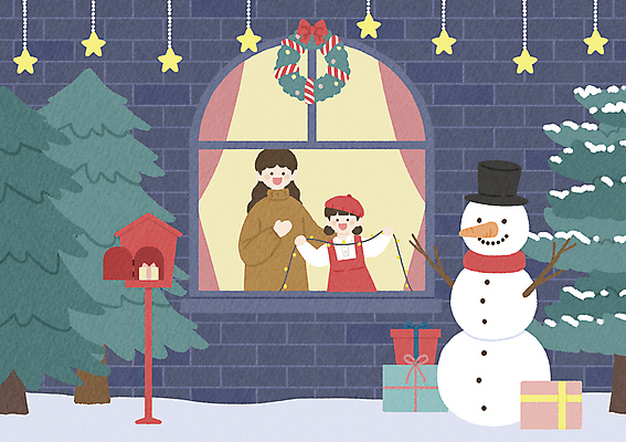 자연요소 계절 여자 기념일 어린이 크리스마스 모션 날씨 선물 사람 상자 화환 파일형식 크리스마스장식 우체통 매달리기 크리스마스리스 들기 두명 여자만 소녀 성인 선물상자 겨울 눈 별 창문 눈사람 PSD 일러스트 국내일러스트