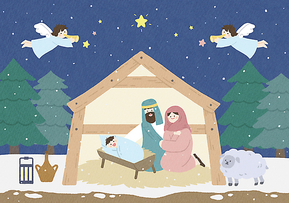 PSD 여자 남자 별 크리스마스 겨울 일러스트 천사 들기 여러명 성인 눈 아기 양 예수 나팔 아기예수 예수탄생 마굿간 아기침대 국내일러스트 자연요소 계절 기념일 악기 다수 포유류 모션 날씨 사람 아기용품 침대 신_종교 외양간 파일형식