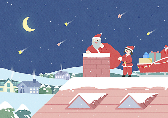 PSD 여자 노년 남자 어린이 크리스마스 겨울 일러스트 산타모자 산타옷 지붕 굴뚝 크리스마스선물 들기 소녀 두명 산타클로스 마을 달 눈 유성 보따리 썰매 국내일러스트 자연요소 모자_잡화 옷 계절 기념일 모션 날씨 선물 사람 성인 파일형식