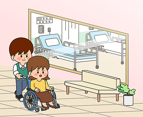 전신 여자 남자 일러스트 병원 앉기 성인 두명 걷기 장애인 간호 휠체어 병실 돌봄 병원침대 성인만 돌봄서비스 돌보미 국내일러스트 AI파일 직업 의학 모션 사람 침대 서비스 장애 파일형식 벡터