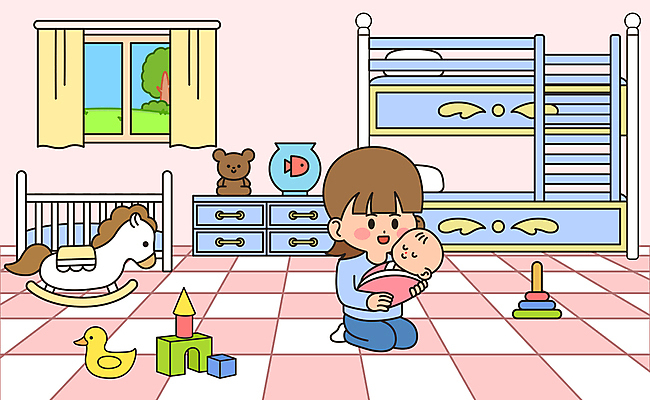 전신 여자 분홍색 일러스트 창문 안기 성인 두명 장난감 아기 신생아 목마 무릎꿇기 돌봄 이층침대 흔들목마 돌봄서비스 돌보미 국내일러스트 AI파일 직업 컬러 모션 사람 침대 서비스 파일형식 벡터