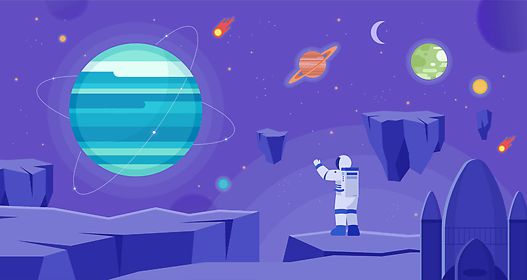 백그라운드 일러스트 한명 서기 사람 성인 손들기 우주 보라색 행성 로켓 우주비행사 달 유성 우주선 우주복 성인한명만 국내일러스트 AI파일 자연요소 1 옷 컬러 모션 성인만 파일형식 벡터