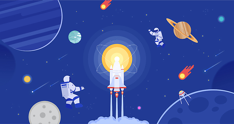 백그라운드 일러스트 사람 성인 두명 파란색 우주 행성 로켓 우주비행사 달 유성 우주선 우주복 성인만 국내일러스트 AI파일 자연요소 옷 컬러 파일형식 벡터