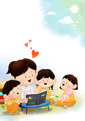 전신 PSD 구름 여자 어린이교육 남자 어린이 인형 일러스트 안기 탁자 웃음 앉기 소녀 소년 여러명 성인 책 독서 교사 유치원 육아 하트 돌봄 책더미 보육교사 카피스페이스 국내일러스트 자연요소 모양 직업 교육 가구 다수 모션 표정 사람 공백 무더기 파일형식
