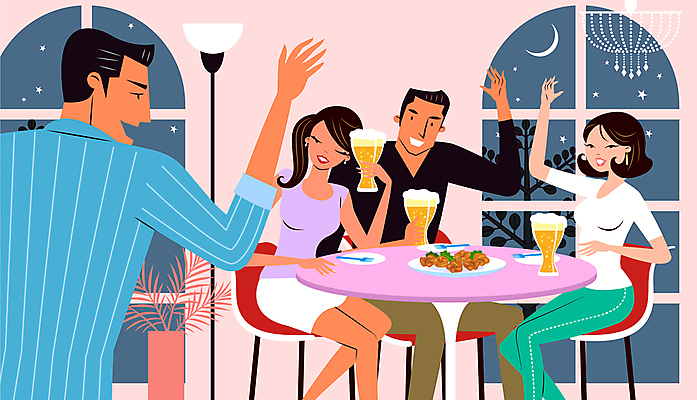 여자 남자 별 화분 포크 의자 일러스트 창문 탁자 조명 맥주 들기 앉기 여러명 상반신 성인 만남 달 안주 손인사 맥주잔 환영 주점 성인만 국내일러스트 AI파일 자연요소 식기 가구 다수 컨셉 술잔 모션 주류 사람 인사 술집 파일형식 벡터