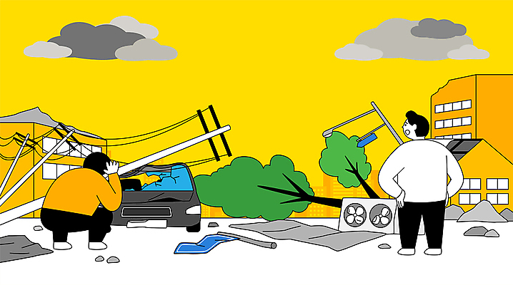 전신 구름 남자 허리손 가로등 일러스트 자동차 성인 두명 건물 노란색 피해 손상 좌절 홍수 자연재해 먹구름 폐허 전봇대 태풍 웅크림 수해 성인남자만 쓰러짐 무너짐 국내일러스트 AI파일 자연요소 건축물 공공시설 감정 육상교통 컬러 포즈 컨셉 모션 사람 재해 남자만 성인만 파일형식 벡터 구름_자연