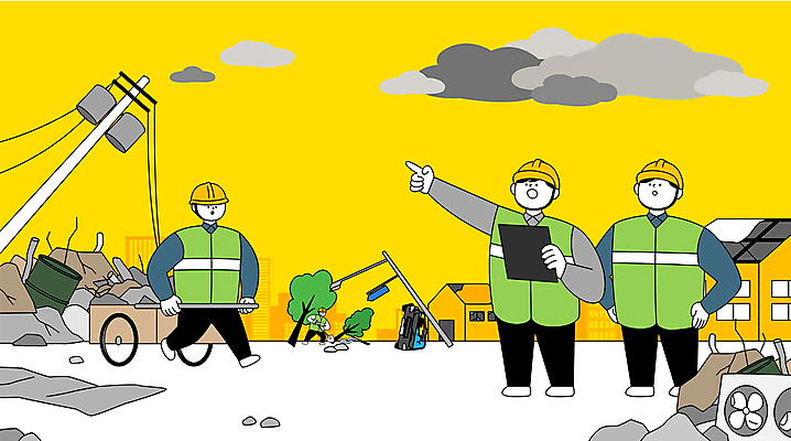 전신 나무 구름 남자 허리손 가로등 일러스트 자동차 주택 성인 세명 노란색 수레 피해 손상 가리킴 구출 지시 안전모 홍수 자연재해 먹구름 폐허 전봇대 폭우 태풍 경보 수해 수해복구 안전조끼 성인남자만 쓰러짐 무너짐 국내일러스트 AI파일 자연요소 식물 공공시설 육상교통 컬러 포즈 컨셉 모션 사람 손짓 건물 카트 도움 헬멧 안전장비 재해 복원 남자만 성인만 파일형식 벡터 구름_자연