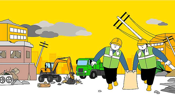 전신 남자 가로등 일러스트 주택 들기 성인 두명 노란색 손상 트럭 운반 안전모 홍수 자연재해 포크레인 먹구름 전봇대 태풍 수해 수해복구 안전조끼 성인남자만 쓰러짐 무너짐 국내일러스트 AI파일 공공시설 컬러 컨셉 모션 자동차 사람 건물 중장비 헬멧 안전장비 재해 복원 남자만 성인만 파일형식 벡터 구름_자연