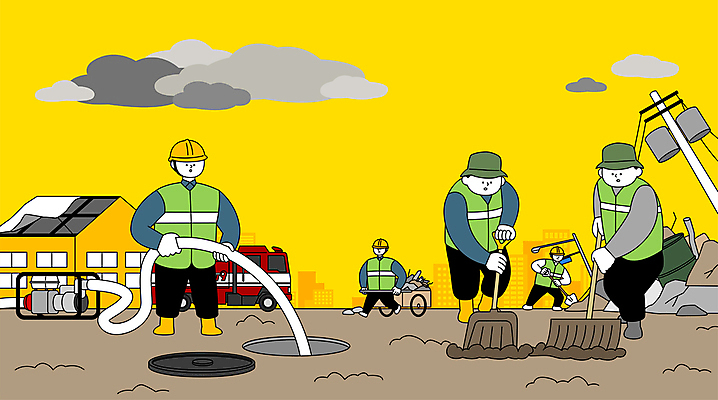 전신 남자 일러스트 여러명 성인 노란색 수레 손상 안전모 홍수 자연재해 청소 먹구름 폐허 전봇대 진흙 태풍 소방차 물펌프 물호스 삽질 수해 수해복구 안전조끼 성인남자만 무너짐 국내일러스트 AI파일 공공시설 컬러 다수 컨셉 모션 자동차 사람 카트 헬멧 안전장비 재해 호스 펌프 복원 남자만 성인만 파일형식 벡터 구름_자연