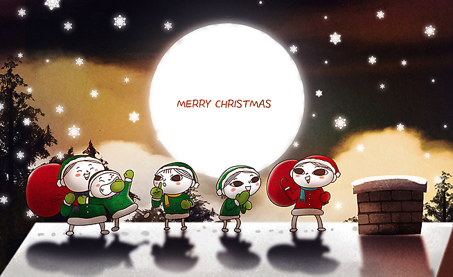 전신 PSD 나무 구름 여자 남자 어린이 크리스마스 겨울 일러스트 상상 산타옷 밤하늘 지붕 요정 굴뚝 선물 들기 소녀 소년 여러명 건물 산타클로스 달 눈 보따리 쉿 어린이만 국내일러스트 자연요소 식물 건축물 옷 계절 기념일 다수 모션 하늘 날씨 사람 야간 조용 파일형식