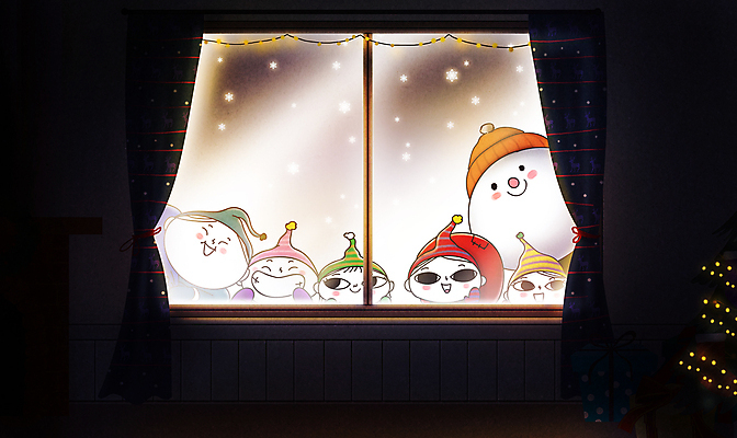 PSD 응시 여자 남자 행복 어린이 크리스마스 겨울 일러스트 창문 눈사람 동화 요정 웃음 소녀 소년 여러명 상반신 검은색 어둠 커튼 엿보기 즐거움 어린이만 국내일러스트 시선 계절 기념일 감정 컬러 다수 모션 표정 사람 파일형식