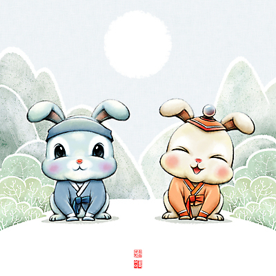 PSD 두마리 일러스트 캘리그라피 붓터치 근하신년 새해 산 웃음 사람없음 귀여움 달 토끼띠 토끼 절 한복 동양화 언덕 토끼캐릭터 번짐 낙관 2023년 계묘년 국내일러스트 자연요소 한국전통 동물캐릭터 컨셉 2 포유류 표정 미술 반려동물 십이지신 인사 전통의상 연도 파일형식 효과