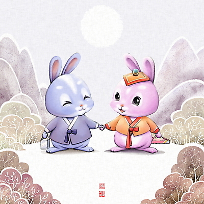 PSD 두마리 일러스트 캘리그라피 붓터치 근하신년 새해 산 웃음 들기 사람없음 마주보기 귀여움 손잡기 달 토끼띠 토끼 숲 한복 동양화 토끼캐릭터 보따리 번짐 낙관 새해선물 2023년 계묘년 국내일러스트 자연요소 한국전통 동물캐릭터 컨셉 2 포유류 모션 표정 선물 미술 반려동물 십이지신 전통의상 연도 파일형식 명절선물 효과