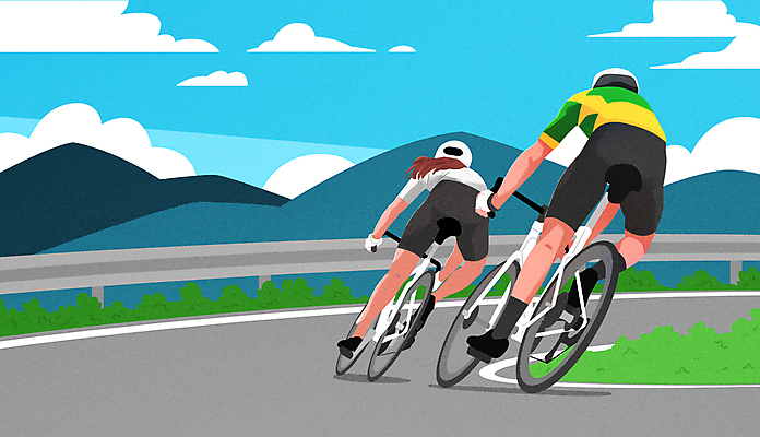 전신 PSD 구름 여자 남자 도로 일러스트 하늘 고글 산 성인 두명 운동복 자전거 커브길 승차 사이클링 가드레일 우로굽은도로 성인만 국내일러스트 자연요소 옷 길 교통시설 모션 사람 바이크 육상스포츠 파일형식