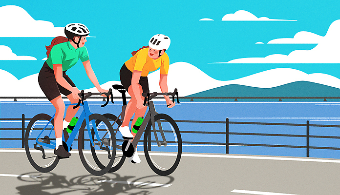 전신 PSD 여자 도로 호수 일러스트 하늘 성인 두명 운동복 마주보기 자전거 승차 헬멧 즐거움 사이클링 동호회 자전거도로 성인여자만 국내일러스트 옷 감정 길 교통시설 모션 사람 바이크 보호장비 육상스포츠 전용도로 여자만 성인만 파일형식