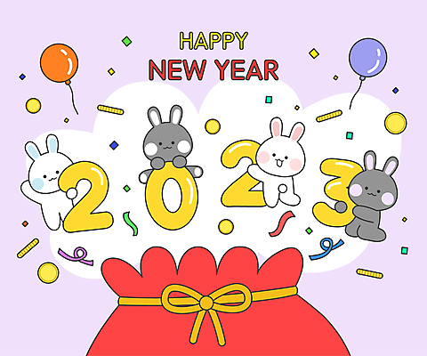 일러스트 새해 복주머니 폭죽 매달리기 들기 사람없음 손들기 동전 토끼띠 토끼 무릎꿇기 토끼캐릭터 꽃가루 해피뉴이어 풍선 연보라색 흰토끼 2023년 흑토끼 계묘년 국내일러스트 AI파일 동물캐릭터 돈 포유류 모션 전통소품 반려동물 보라색 새해인사 십이지신 가루 연도 파일형식 벡터