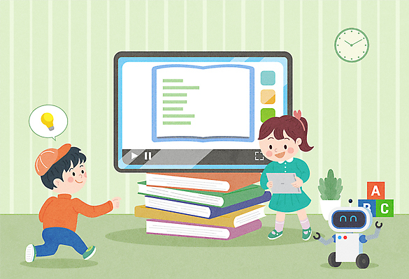 응시 여자 어린이교육 교육 남자 어린이 일러스트 전구 들기 소녀 소년 두명 책 초록색 태블릿 강의 스마트 로봇 동영상 온라인강의 책더미 홈스쿨링 어린이만 스마트러닝 언스쿨링 국내일러스트 AI파일 시선 컬러 컨셉 모션 사람 전자제품 스마트기기 무더기 홈스쿨 파일형식 벡터 언택트