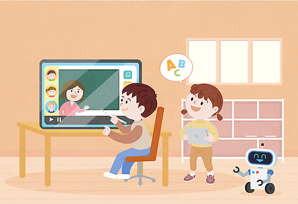 학생 영어 여자 어린이교육 교육 남자 어린이 일러스트 수업 서기 들기 앉기 소녀 소년 여러명 성인 컴퓨터 태블릿 모니터 교사 주황색 칠판 스마트 로봇 동영상 온라인강의 홈스쿨링 스마트러닝 언스쿨링 국내일러스트 AI파일 시청하다 직업 문자 컬러 다수 컨셉 모션 사람 전자제품 스마트기기 강의 홈스쿨 파일형식 벡터 언택트