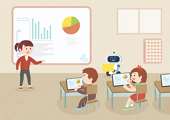 여자 어린이교육 교육 남자 어린이 일러스트 교실 수업 그래프 서기 앉기 소녀 소년 성인 세명 태블릿 교사 칠판 가리킴 스마트 로봇 베이지색 스마트러닝 국내일러스트 AI파일 직업 컬러 컨셉 학교 모션 사람 손짓 전자제품 스마트기기 파일형식 벡터