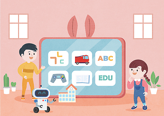 응시 여자 어린이교육 교육 남자 어린이 분홍색 일러스트 학교 수업 소녀 소년 두명 태블릿 가리킴 스마트 로봇 온라인강의 홈스쿨링 어린이만 스마트러닝 언스쿨링 국내일러스트 AI파일 시선 컬러 컨셉 사람 손짓 전자제품 스마트기기 강의 홈스쿨 파일형식 벡터 언택트