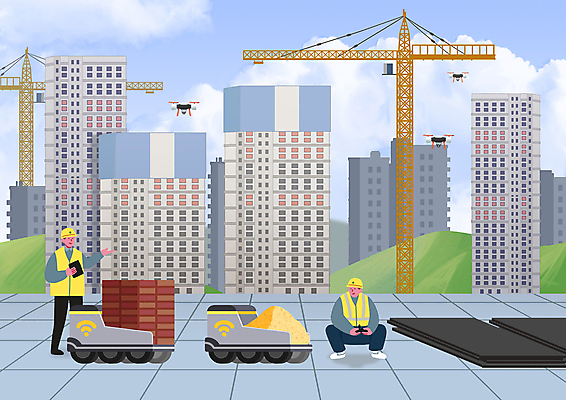 전신 PSD 직업 남자 일러스트 공업 미래 노동자 건설업 작업복 공사 들기 앉기 손짓 성인 두명 건물 건설현장 운반 중장비 스마트 로봇 와이파이 타워크레인 웅크림 건설자재 드론 성인남자만 건설근로자 미래산업 국내일러스트 건축물 옷 산업 컨셉 모션 사람 산업장비 기중기 무선인터넷 남자만 성인만 파일형식