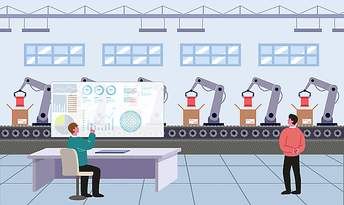 전신 PSD 직업 남자 하늘색 일러스트 포장 공장 공업 그래프 미래 앉기 성인 두명 스크린 기계 가리킴 스마트 뒷짐 박스포장 산업근로자 산업기기 산업용로봇 자동화 자동화기기 컨베어밸트 포장상자 성인남자만 미래산업 AI_인공지능 국내일러스트 산업 컨셉 모션 사람 손짓 파란색 상자 로봇 남자만 성인만 파일형식