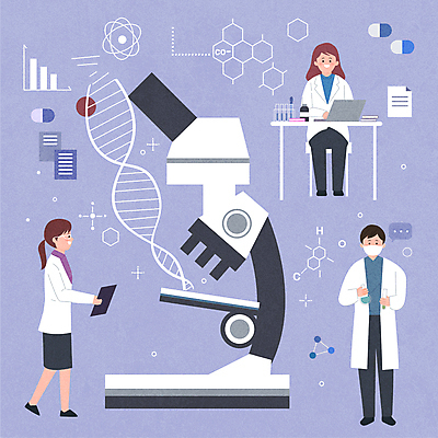 전신 여자 남자 일러스트 현미경 서기 들기 앉기 성인 세명 약 보라색 DNA 연구원 시험관 개발 화학구조 성인만 신약개발 신약_의학 국내일러스트 AI파일 직업 컬러 의학 모션 실험기구 사람 화학 생명공학 파일형식 벡터