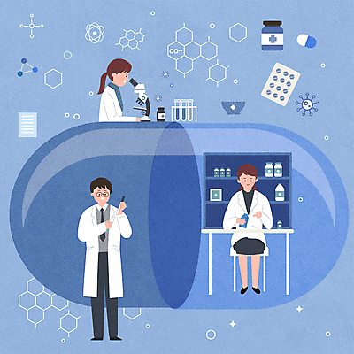 전신 여자 남자 일러스트 현미경 실험 들기 상반신 성인 세명 파란색 알약 약병 연구원 시험관 조제 개발 화학구조 성인만 신약개발 백신개발 신약_의학 국내일러스트 AI파일 직업 컬러 의학 모션 실험기구 사람 약 화학 만들기 백신 병_담는 파일형식 벡터