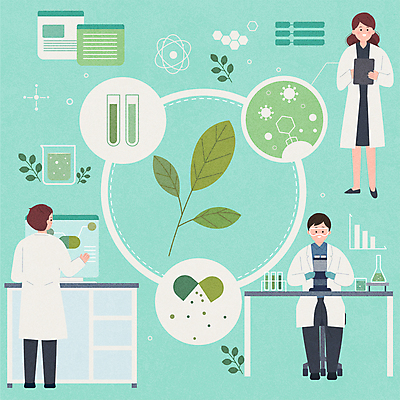 전신 식물 여자 남자 일러스트 실험기구 실험 들기 성인 세명 알약 연구원 시험관 개발 민트색 추출 화학구조 성인만 신약개발 신약_의학 국내일러스트 AI파일 직업 컬러 과학 의학 모션 사람 약 화학 파일형식 벡터