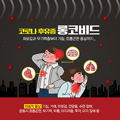 PSD 편집이미지 여자 남자 돋보기 상반신 성인 타이포그라피 두명 건물 빨간색 검은색 고통 심장 잡기 허파 바이러스 사회이슈 뇌 두통 입가림 기침 뒷목 발열 전염병 증상 성인만 코로나바이러스 후유증 롱코비드 이미지편집 문자 건축물 감정 컬러 컨셉 모션 사람 가림 장기_의학 호흡기관 질병 목 파일형식