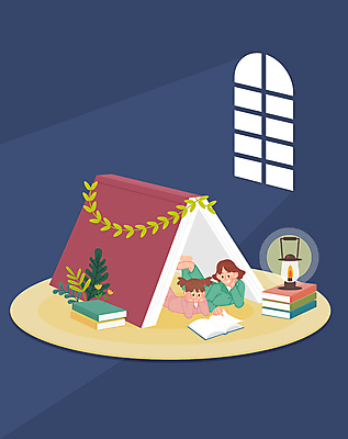 전신 식물 여자 꽃 어린이 엎드리기 일러스트 창문 텐트 소녀 성인 두명 책 독서 턱괴기 램프 랜턴 풀 남색 문학 꽃받침 여자만 국내일러스트 AI파일 컬러 모션 조명 캠핑도구 사람 손짓 파일형식 벡터