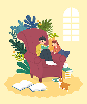 전신 식물 응시 여자 남자 꽃 어린이 일러스트 창문 남매 서기 앉기 소녀 소년 두명 책 소파 독서 풀 개 문학 어린이만 연노랑색 국내일러스트 AI파일 시선 의자 포유류 가족 모션 사람 노란색 파일형식 벡터