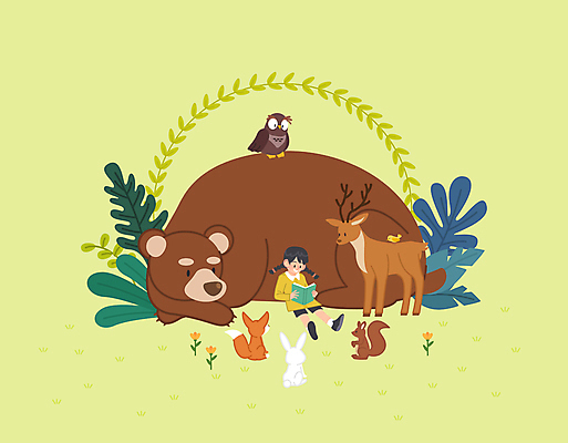 전신 여자 꽃 어린이 일러스트 곰 사슴 한명 앉기 소녀 잔디 책 연두색 독서 토끼 풀 여우 부엉이 청설모 소녀한명만 국내일러스트 AI파일 식물 동물 1 포유류 모션 조류 사람 초록색 반려동물 여자한명만 소녀만 파일형식 벡터