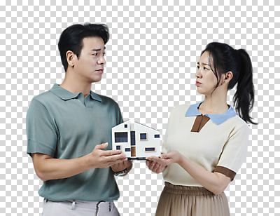 편집 편집이미지 여자 남자 40대 중년 생각 부동산 주택 들기 누끼 두명 캐주얼 마주보기 한국인 찡그림 고민 건축모형 중년부부 PNG 중년만 편집소스 부부 옷 감정 모션 표정 사람 동양인 성인 건물 모형 재산 성인만 파일형식