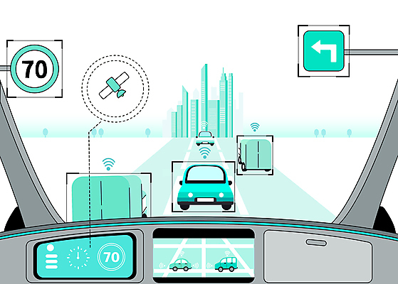 도로 일러스트 자동차 빌딩 사람없음 건물 스마트 도로표지판 차안 편리함 계기판 미래자동차 민트색 자동 자동차내부 자동화 자율주행 국내일러스트 AI파일 건축물 길 육상교통 컬러 컨셉 교통시설 내부 운전 표지판 파일형식 벡터 4차산업