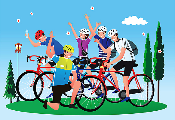 전신 여자 남자 일러스트 함께함 들기 여러명 성인 자전거 만세 모임 그룹 무릎꿇기 사이클선수 손인사 동호회 사이클복 성인만 국내일러스트 AI파일 다수 컨셉 모션 운동선수 사람 바이크 인사 파일형식 벡터