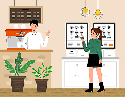 전신 여자 남자 화분 일러스트 전등 서기 상반신 성인 두명 카페 터치 계산 OK 커피메이커 스마트 메뉴판 바리스타 주문 편리함 무인기계 키오스크 성인만 국내일러스트 AI파일 직업 컨셉 모션 조명 사람 손짓 상점 커피용품 파일형식 벡터