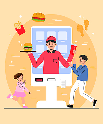 전신 여자 남자 어린이 일러스트 패스트푸드 미소 들기 소녀 상반신 성인 세명 달리기 주황색 치킨 감자튀김 햄버거 종업원 스마트 직원 콜라 편리함 무인기계 키오스크 국내일러스트 AI파일 직업 컬러 컨셉 모션 감자 표정 사람 튀김 인스턴트 탄산음료 닭고기요리 파일형식 벡터