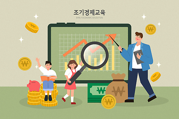 여자 남자 어린이 지폐 돈 일러스트 돋보기 그래프 서기 들기 앉기 소녀 소년 성인 세명 초록색 경제 태블릿 손들기 동전 교사 돼지저금통 가리킴 가르침 돈자루 조기교육 지시봉 경제교육 국내일러스트 AI파일 직업 교육 컬러 모션 사람 손짓 전자제품 스마트기기 저금통 재산 파일형식 벡터