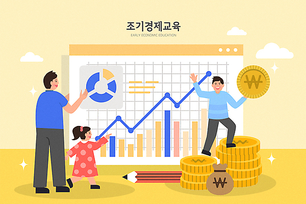 전신 여자 남자 어린이 돈 일러스트 그래프 미소 들기 소녀 소년 성인 세명 경제 연필 노란색 손들기 동전 가리킴 돈자루 손인사 조기교육 경제교육 국내일러스트 AI파일 교육 컬러 모션 학용품 표정 사람 손짓 필기구 인사 재산 파일형식 벡터