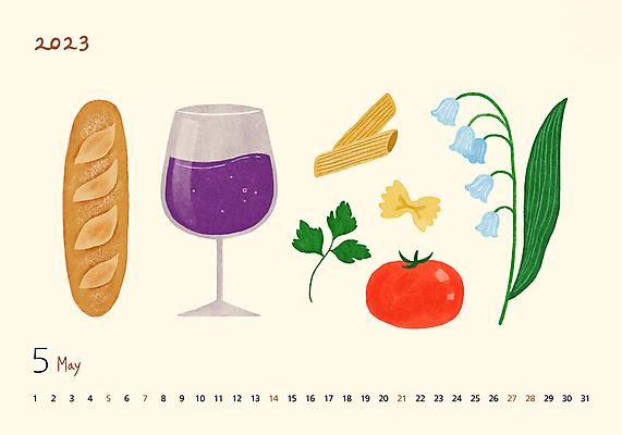 PSD 토마토 와인잔 일러스트 파스타 파슬리 사람없음 와인 봄 달력 바게트 5월 오브젝트 은방울꽃 파스타면 2023년 국내일러스트 계절 꽃 빵 채소 술잔 주류 서양음식 면류 날짜 연도 파일형식