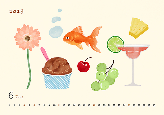 PSD 일러스트 사람없음 여름 달력 물방울 칵테일 체리 6월 파인애플 오브젝트 칵테일잔 금붕어 거베라 초코아이스크림 2023년 망고포도 국내일러스트 계절 꽃 술잔 과일 아이스크림 주류 어류 날짜 연도 열대과일 청포도 파일형식
