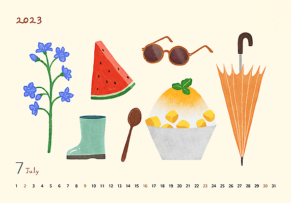 PSD 꽃 일러스트 수박 장화 사람없음 여름 선글라스 달력 오브젝트 나무숟가락 7월 수박조각 장우산 망고빙수 2023년 국내일러스트 식물 계절 안경 조각 신발 과일 우산 숟가락 날짜 연도 빙수 파일형식