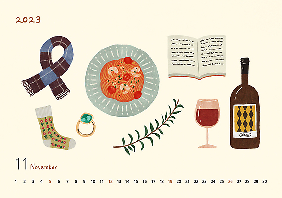 PSD 겨울 와인잔 일러스트 나뭇잎 양말 사람없음 책 와인 목도리 달력 가을 반지 11월 와인병 오브젝트 토마토파스타 2023년 국내일러스트 잡화 계절 잎 술잔 장신구 병_용기 주류 파스타 날짜 연도 파일형식