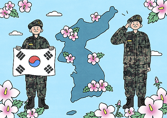 전신 PSD 구름 여자 남자 하늘색 일러스트 한국 들기 성인 두명 군인 태극기 군복 무궁화 경례 한반도 성인만 국내일러스트 자연요소 직업 꽃 아시아 유니폼 모션 사람 파란색 인사 국기 국군 파일형식