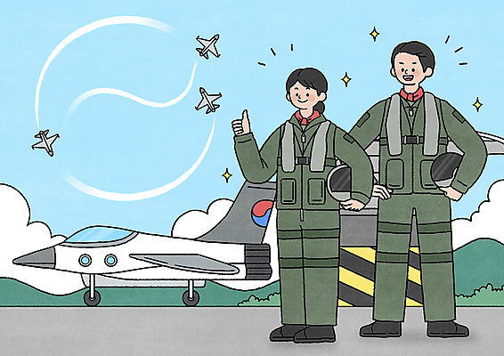 전신 PSD 구름 여자 남자 허리손 일러스트 하늘 산 군용기 군대 한국 들기 성인 두명 반짝임 군인 엄지손가락 비행 최고 헬멧 공군 군복 태극 국내일러스트 자연요소 직업 문양 아시아 포즈 유니폼 손가락 모션 비행기 사람 보호장비 국군 파일형식