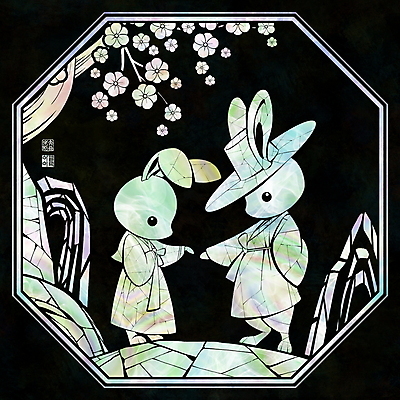 PSD 전통 커플 꽃 두마리 일러스트 새해 산 프레임 꽃나무 고개숙이기 사람없음 도장 컬러풀 마주보기 나뭇가지 토끼 한복 수줍음 손내밀기 언덕 토끼캐릭터 뒷짐 자개 계묘년 국내일러스트 갓모자 나무 식물 모자_잡화 한국전통 감정 컬러 동물캐릭터 2 포유류 관계 모션 전통소품 숙이기 손짓 반려동물 전통의상 전통공예 파일형식 2023년