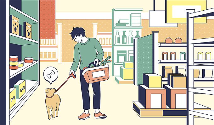 전신 응시 남자 반려견 말풍선 일러스트 한명 들기 성인 반려동물 쇼핑 상점 잡기 개 강아지 장바구니 진열장 마트 목줄 개뼈다귀 개사료 매대 성인남자한명만 펫푸드 국내일러스트 AI파일 동물 1 시선 포유류 모션 사람 바구니 먹이 애견용품 애견간식 남자한명만 성인남자만 파일형식 벡터 반려용품