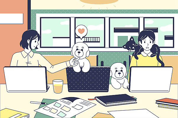 응시 여자 반려견 말풍선 의자 일러스트 회사 창문 전등 조명 직장 세마리 상반신 성인 두명 컵 노트북 반려동물 사무실 펜 다이어리 고양이 하트 타이핑 강아지 문서 파티션 성인여자만 반려묘 긁기 국내일러스트 AI파일 모양 동물 식기 시선 가구 비즈니스 포유류 모션 3 사람 전자제품 필기구 사무용품 개 여자만 성인만 파일형식 벡터