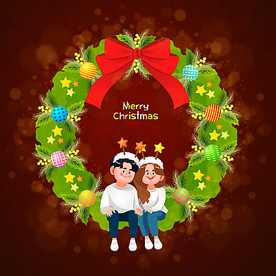 전신 커플 여자 남자 리본 크리스마스 일러스트 프레임 웃음 앉기 성인 두명 화목 다정 머리띠 적갈색 성인만 오너먼트 크리스마스리스 국내일러스트 AI파일 기념일 컨셉 크리스마스장식 장신구 관계 모션 표정 사람 갈색 화환 파일형식 벡터